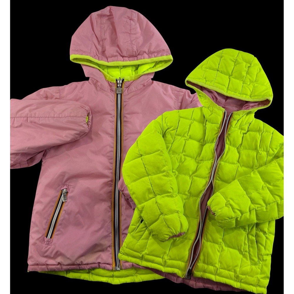 K-Way Young Girls Down Puffer Jacket Neon Pink Hood Full Zip Reversible 10-12